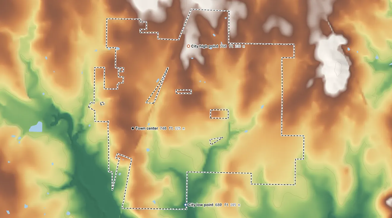 Topographic elevation map of Krum, Texas, shaded from 680 ft on the southeast side to 760 ft on the northeast side