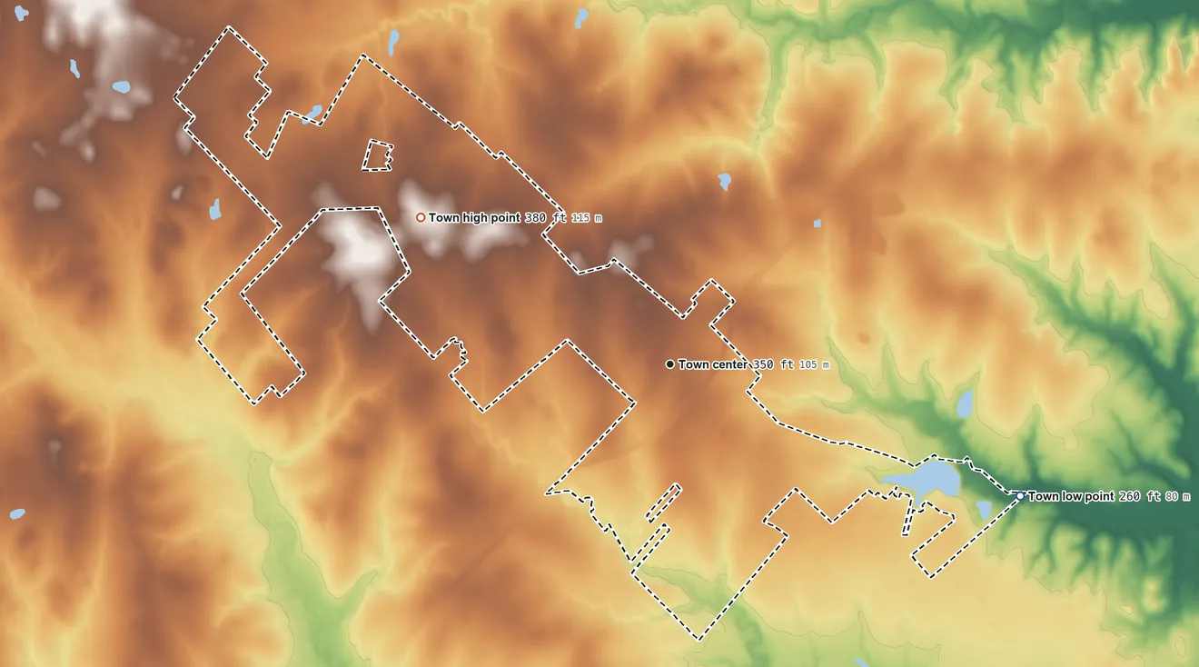 Topographic elevation map of Kurten, Texas, shaded from 260 ft on the east side to 380 ft on the northwest side