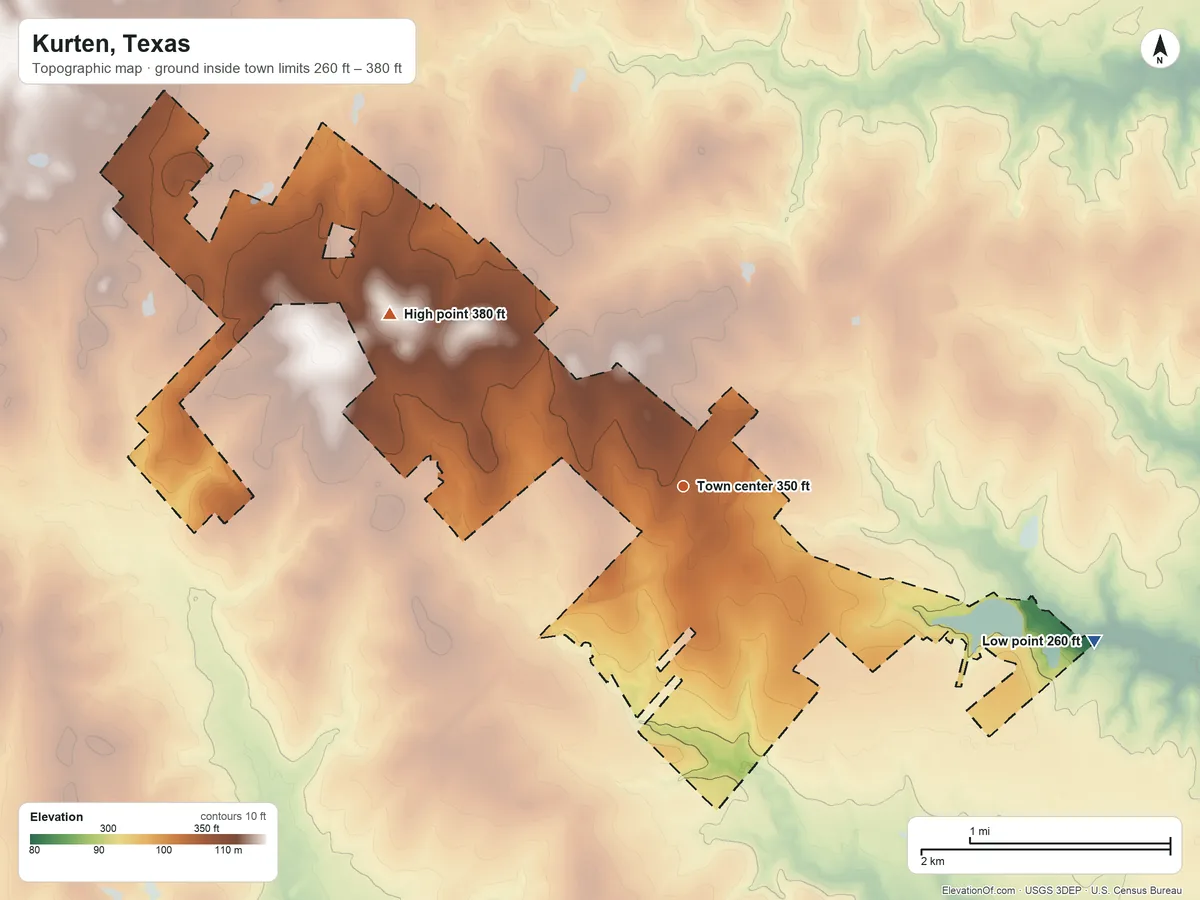 Topographic elevation map of Kurten, Texas, shaded from 260 ft on the east side to 380 ft on the northwest side