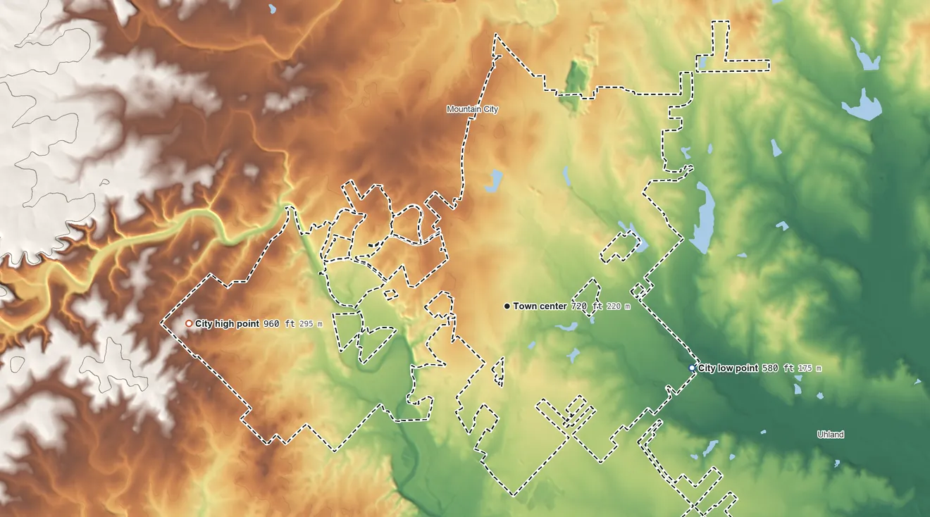 Topographic elevation map of Kyle, Texas, shaded from 580 ft on the east side to 960 ft on the west side