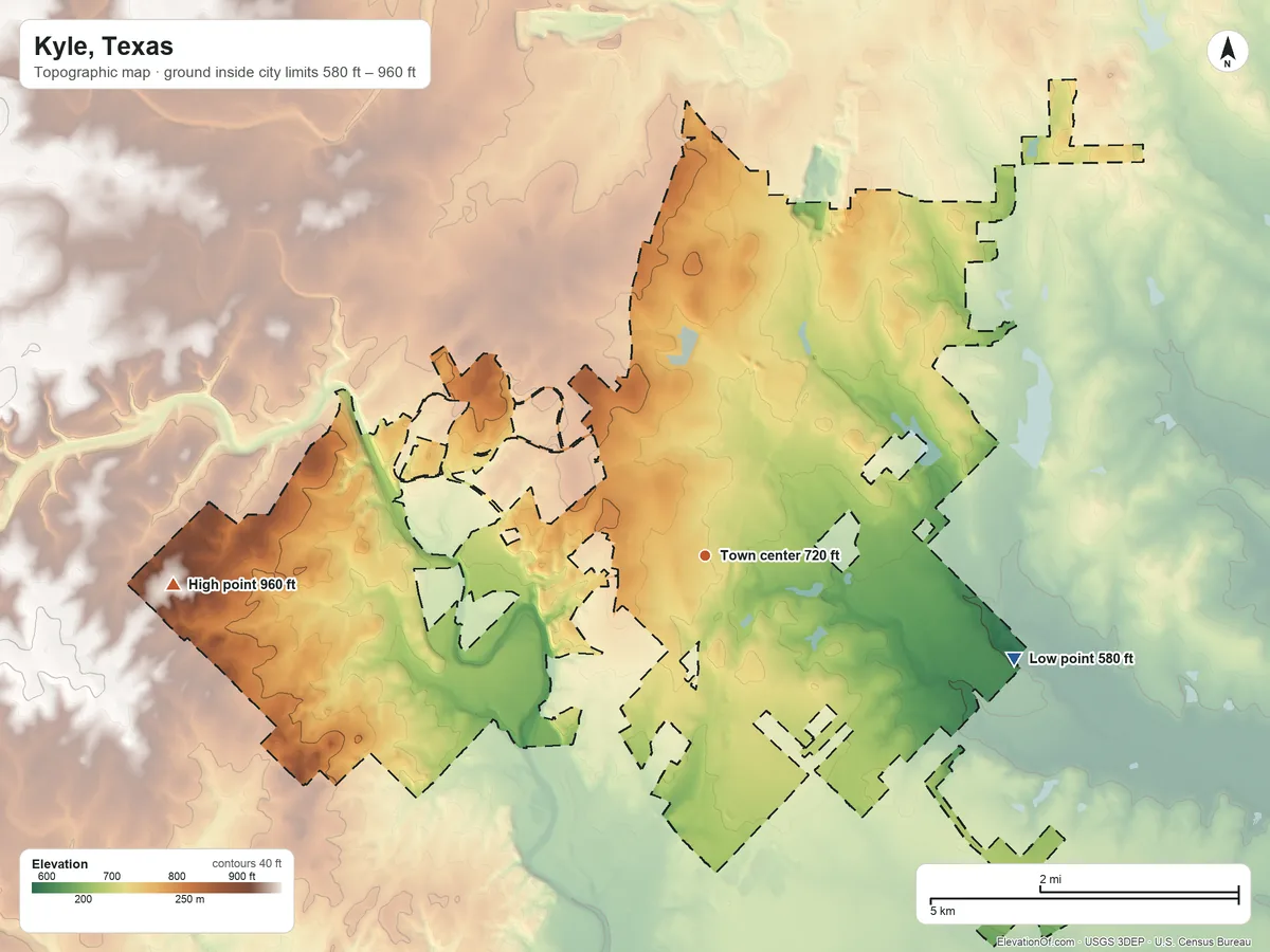 Topographic elevation map of Kyle, Texas, shaded from 580 ft on the east side to 960 ft on the west side