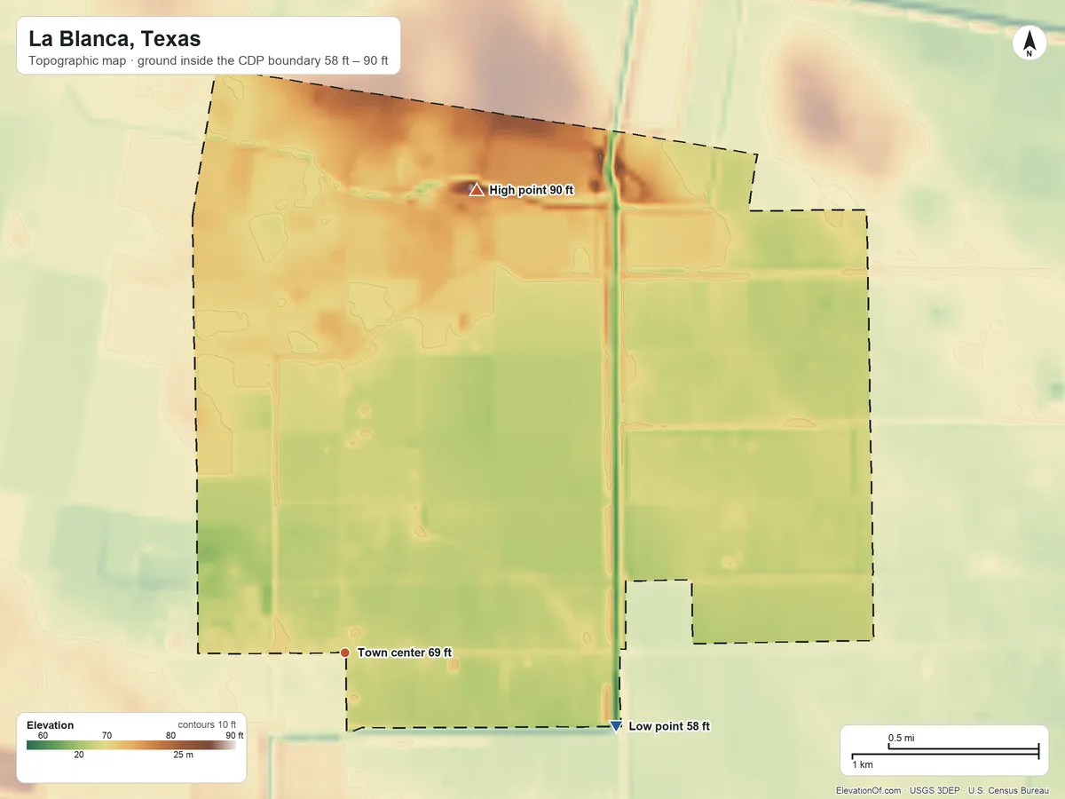 Topographic elevation map of La Blanca, Texas, shaded from 58 ft on the east side to 90 ft on the north side