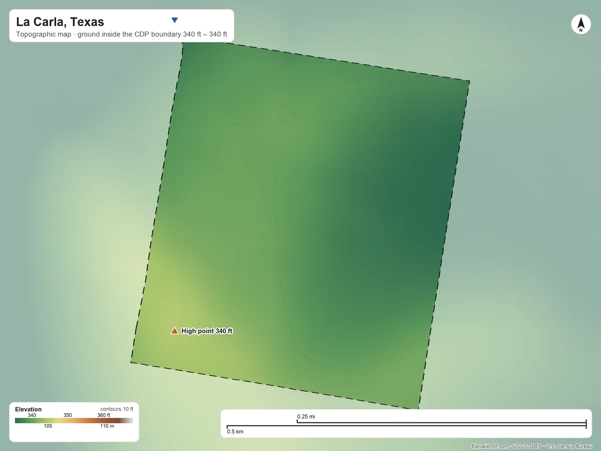 Topographic elevation map of La Carla, Texas, shaded from 340 ft on the northwest side to 340 ft on the southwest side