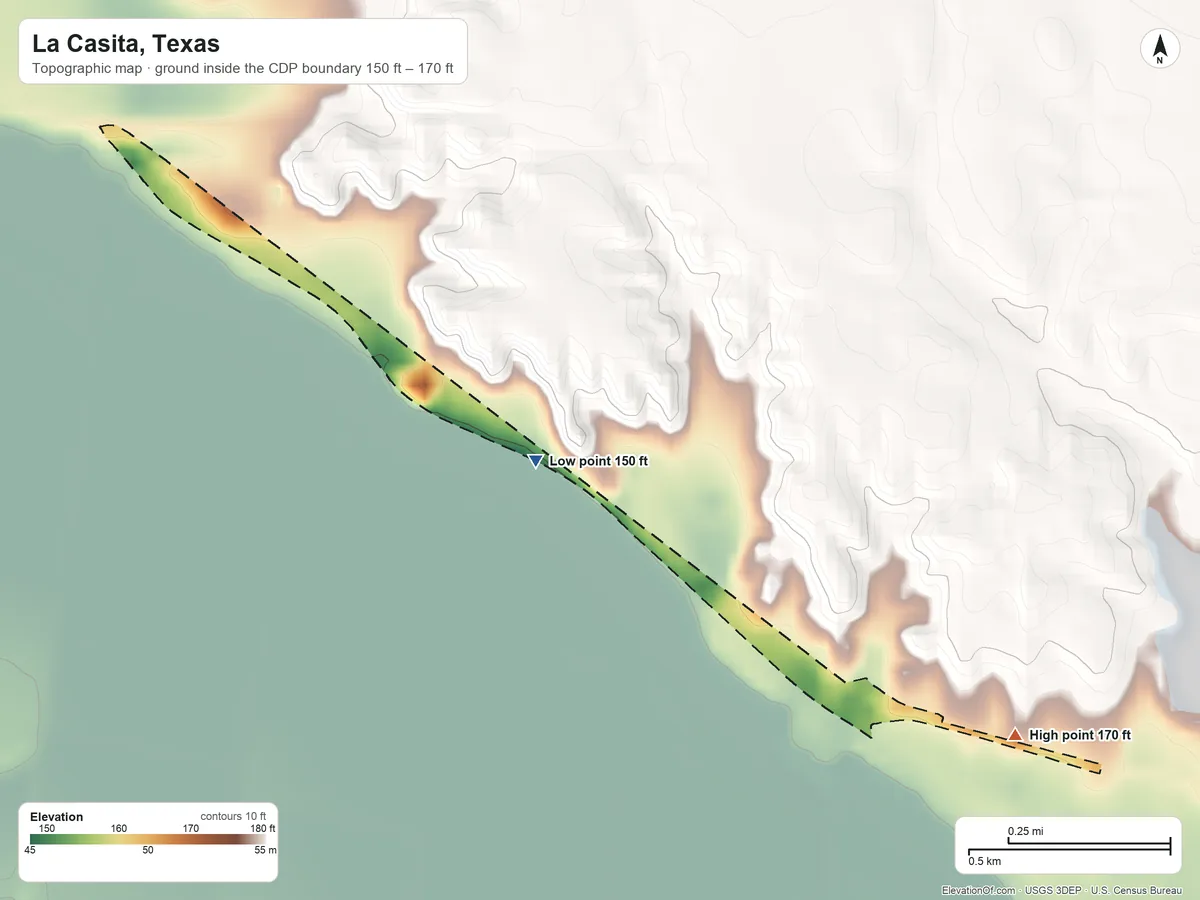 Topographic elevation map of La Casita, Texas, shaded from 150 ft on the northwest side to 170 ft on the southeast side
