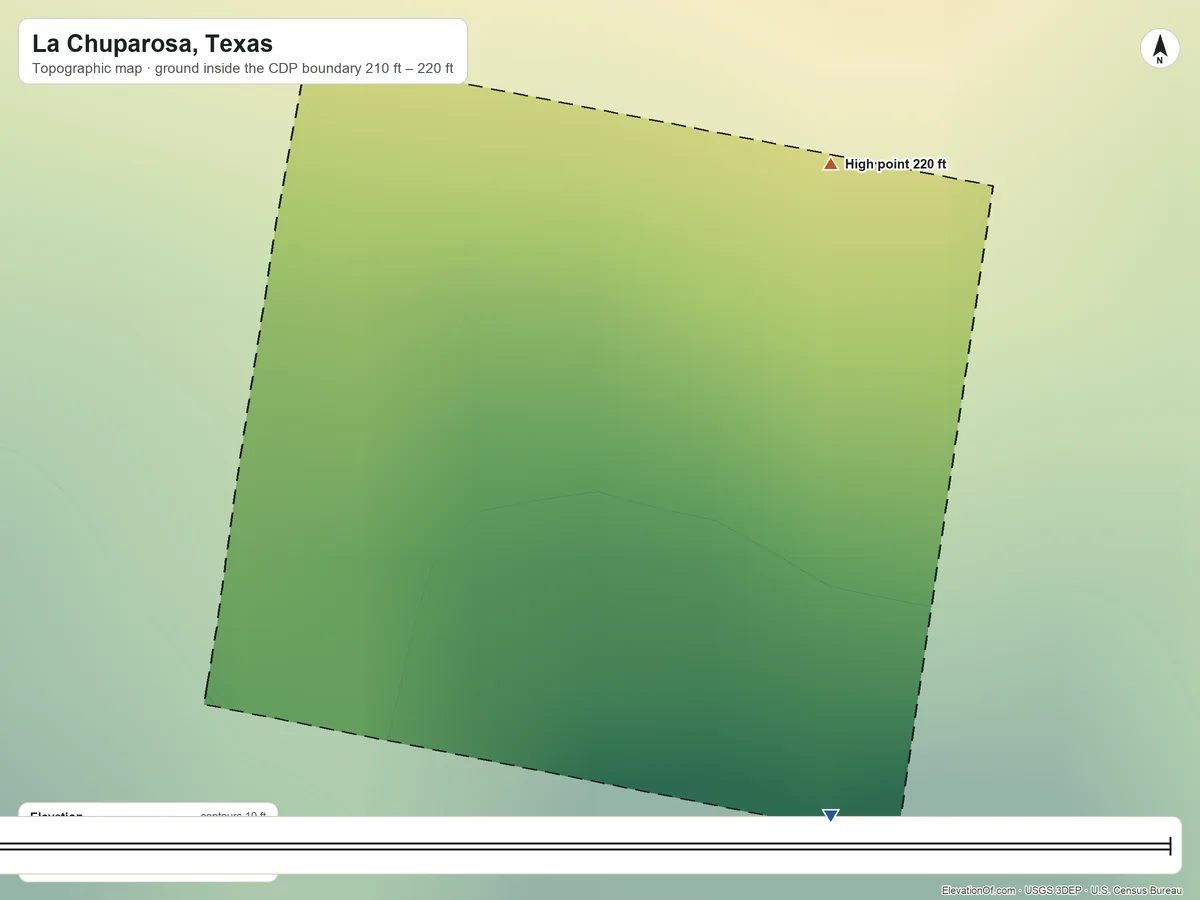 Topographic elevation map of La Chuparosa, Texas, shaded from 210 ft on the southeast side to 220 ft on the northeast side