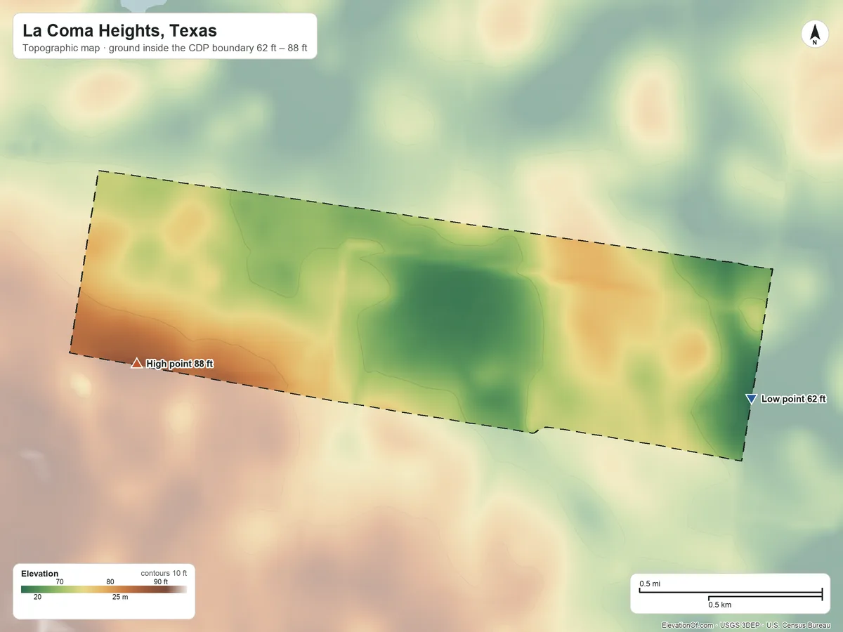 Topographic elevation map of La Coma Heights, Texas, shaded from 62 ft on the east side to 88 ft on the west side