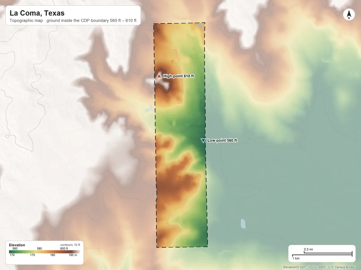 Topographic elevation map of La Coma, Texas, shaded from 560 ft on the south side to 610 ft near the middle