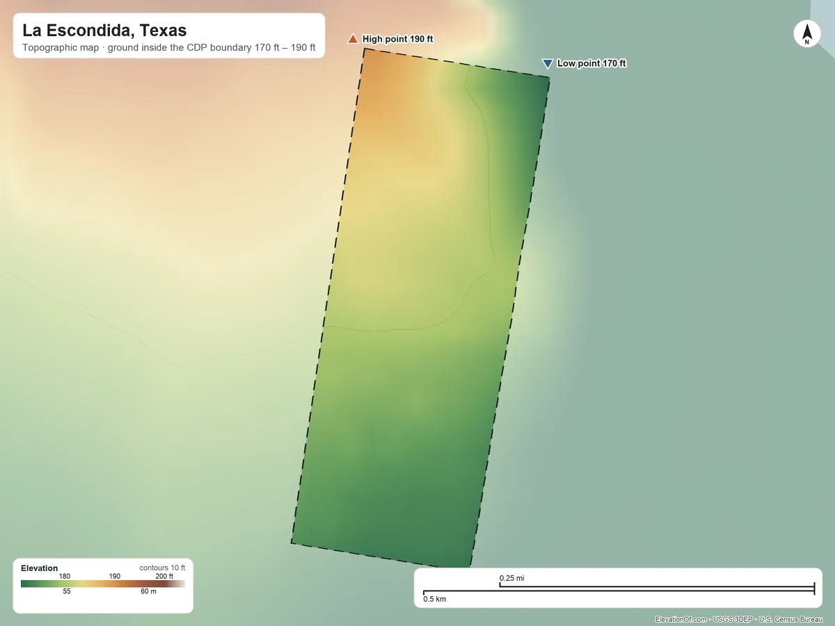 Topographic elevation map of La Escondida, Texas, shaded from 170 ft on the north side to 190 ft on the north side