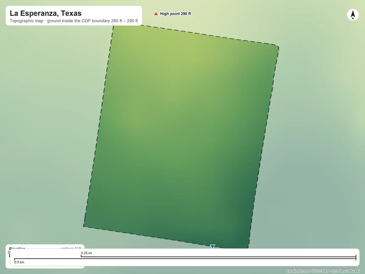 Topographic elevation map of La Esperanza, Texas, shaded from 280 ft on the southeast side to 290 ft on the north side