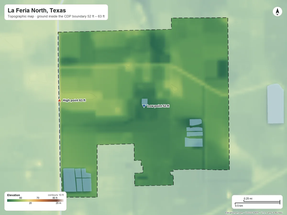 Topographic elevation map of La Feria North, Texas, shaded from 52 ft near the middle to 63 ft on the west side