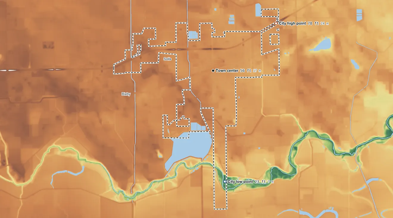 Topographic elevation map of La Feria, Texas, shaded from 23 ft on the south side to 78 ft on the northeast side