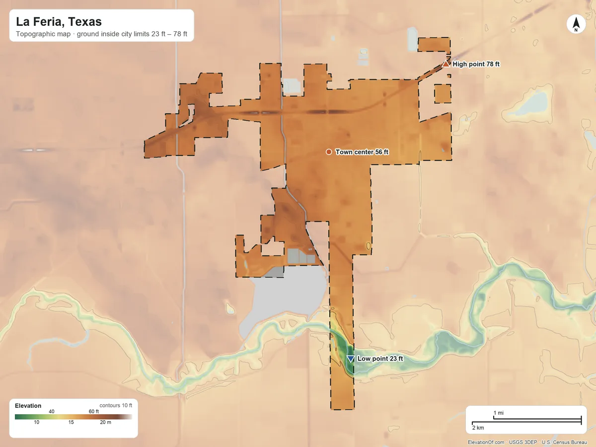 Topographic elevation map of La Feria, Texas, shaded from 23 ft on the south side to 78 ft on the northeast side