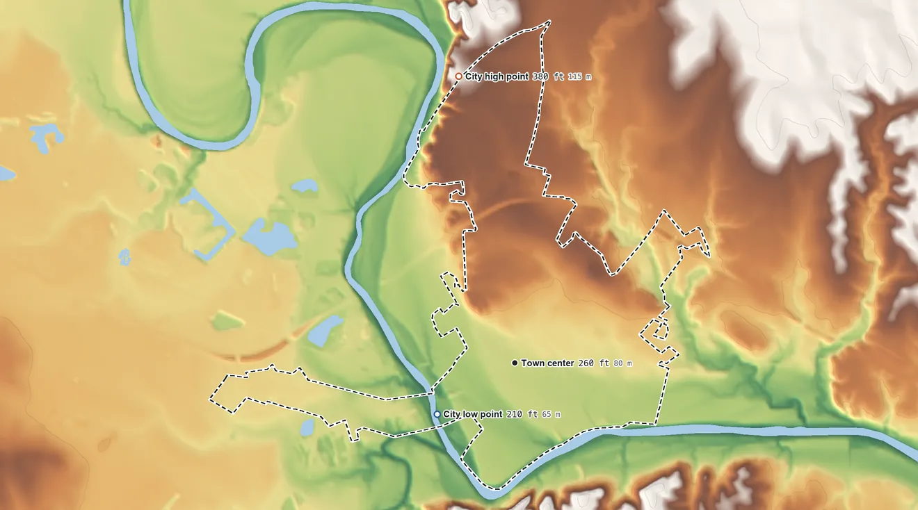 Topographic elevation map of La Grange, Texas, shaded from 210 ft on the southwest side to 380 ft on the north side
