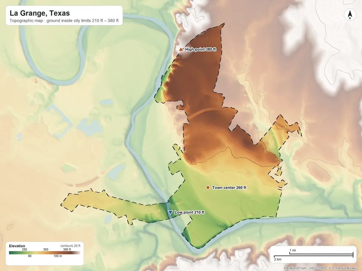 Topographic elevation map of La Grange, Texas, shaded from 210 ft on the southwest side to 380 ft on the north side