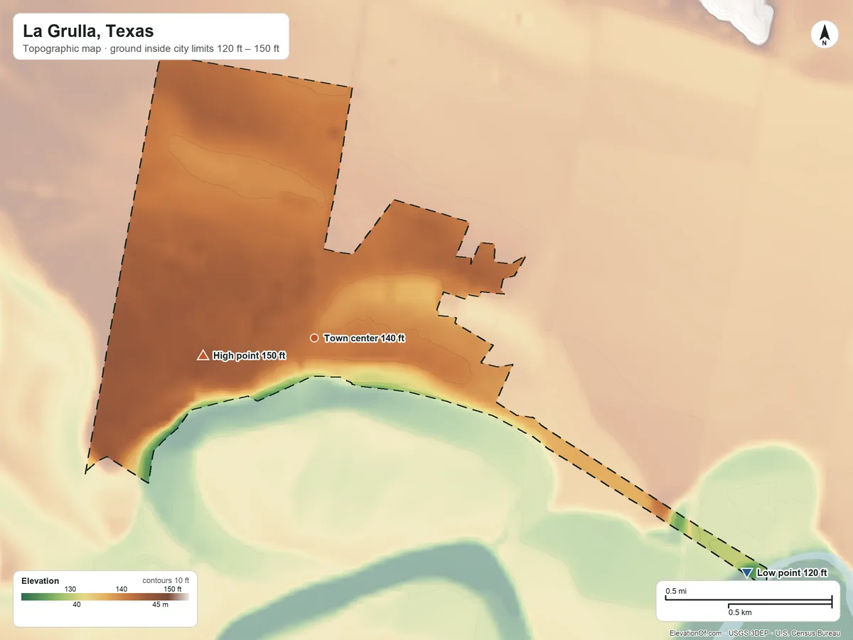 Topographic elevation map of La Grulla, Texas, shaded from 120 ft on the southeast side to 150 ft on the west side