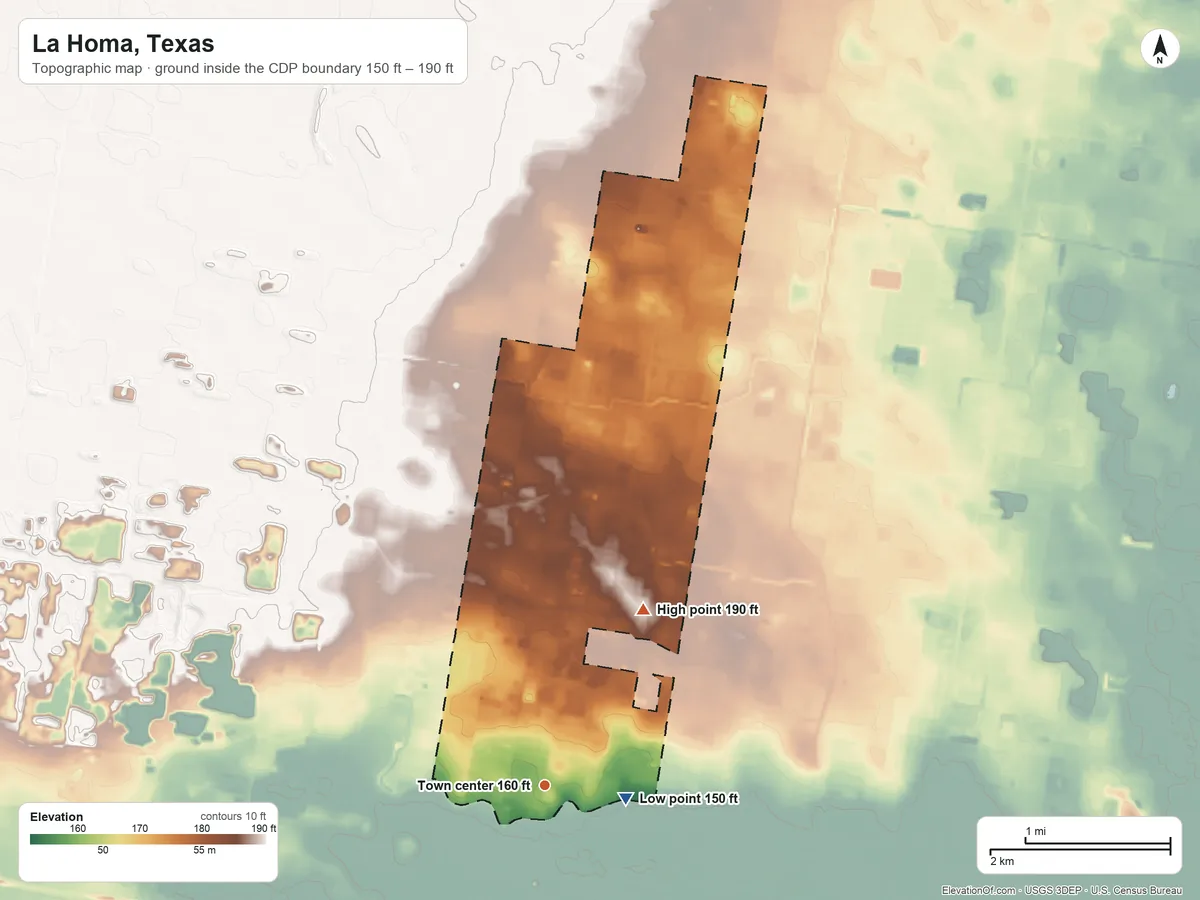 Topographic elevation map of La Homa, Texas, shaded from 150 ft on the east side to 190 ft on the northeast side