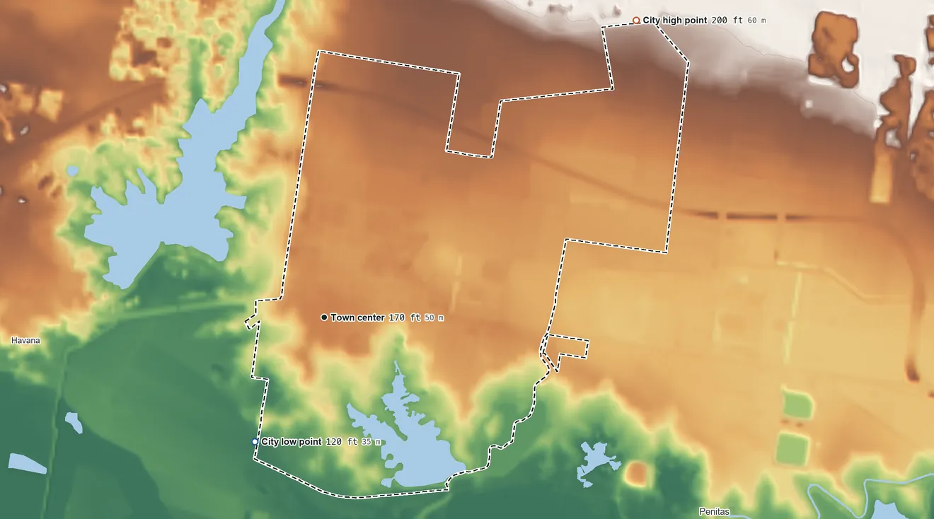 Topographic elevation map of La Joya, Texas, shaded from 120 ft on the southwest side to 200 ft on the northeast side