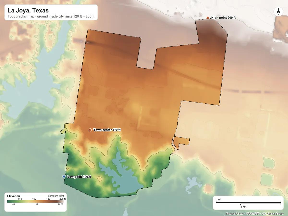Topographic elevation map of La Joya, Texas, shaded from 120 ft on the southwest side to 200 ft on the northeast side