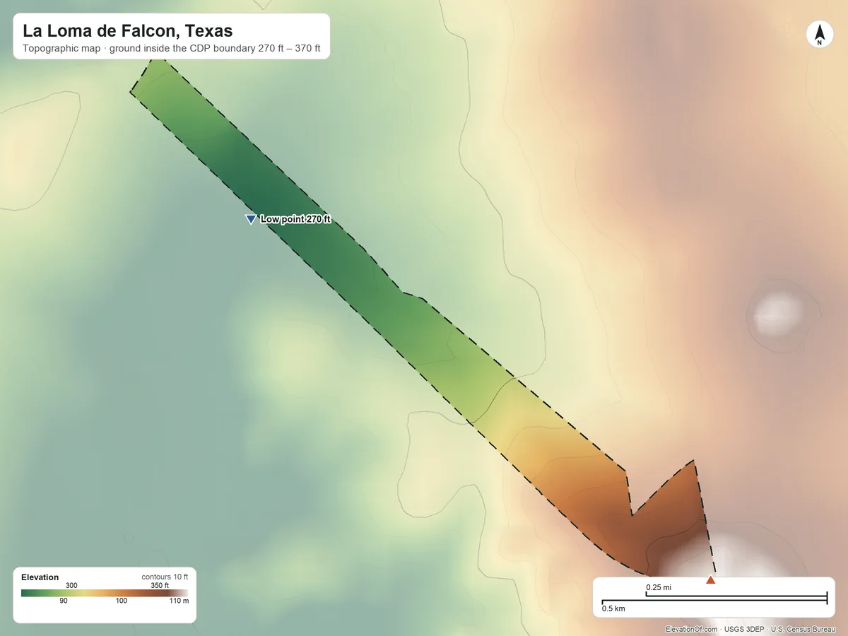 Topographic elevation map of La Loma de Falcon, Texas, shaded from 270 ft on the northwest side to 370 ft on the southeast side