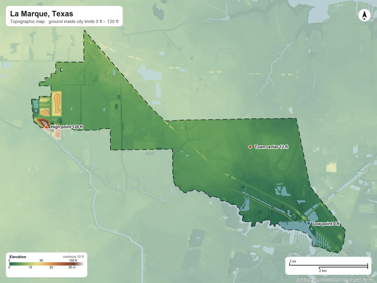 Topographic elevation map of La Marque, Texas, shaded from 0 ft on the southeast side to 120 ft on the west side