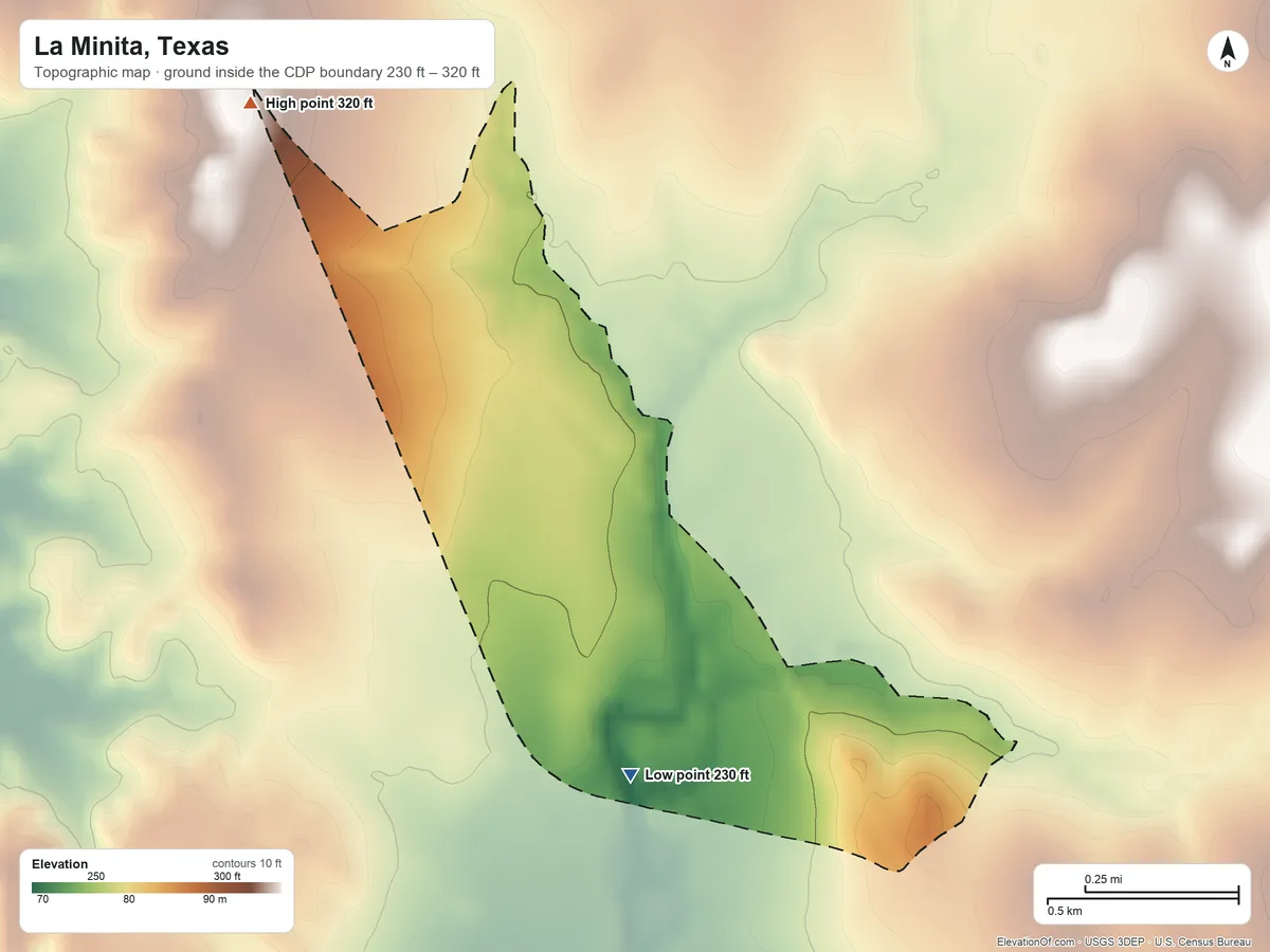 Topographic elevation map of La Minita, Texas, shaded from 230 ft on the south side to 320 ft on the northwest side