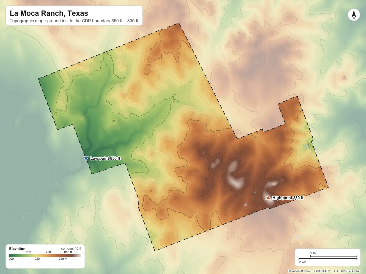 Topographic elevation map of La Moca Ranch, Texas, shaded from 650 ft on the west side to 830 ft on the east side
