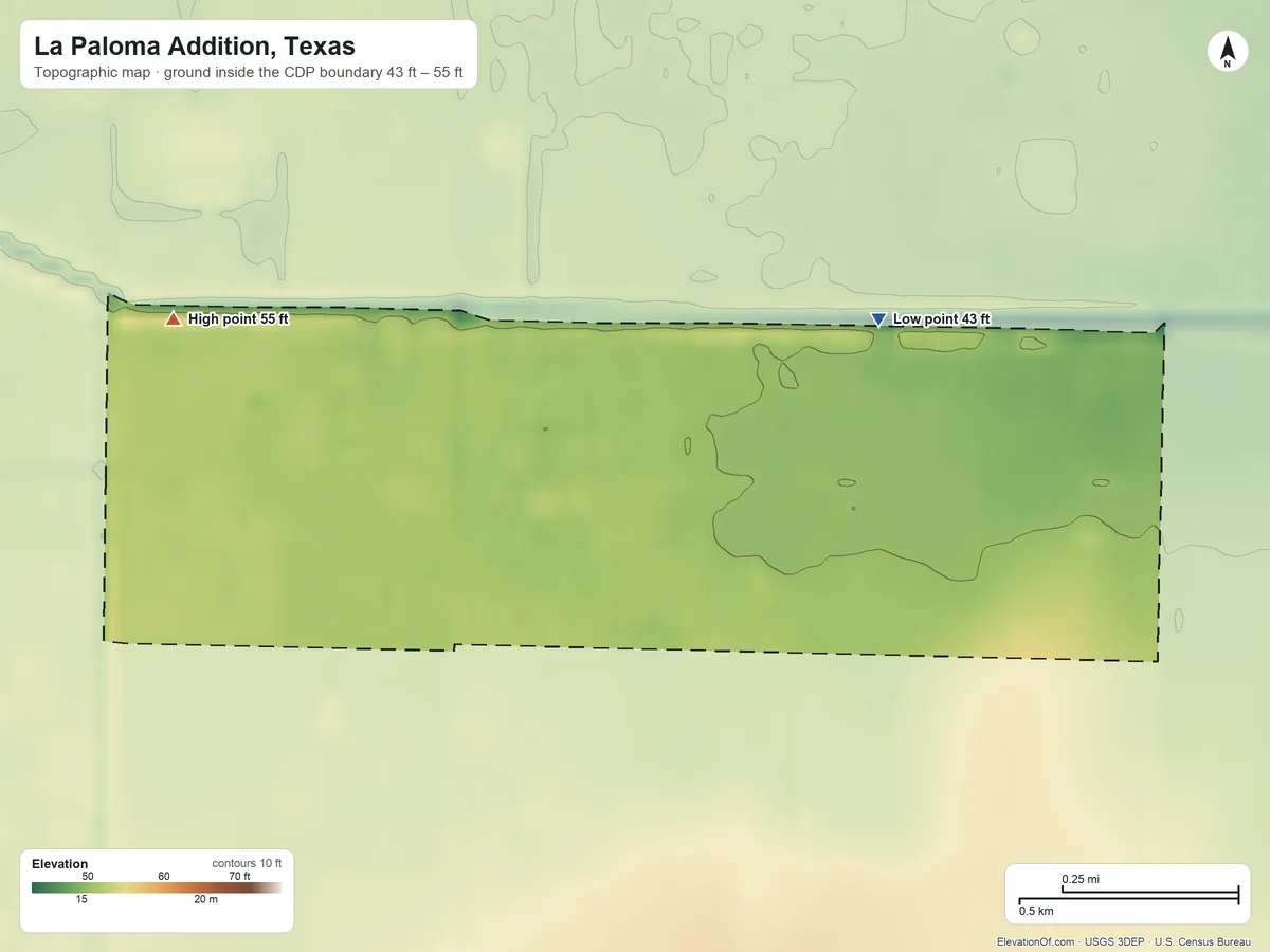 Topographic elevation map of La Paloma Addition, Texas, shaded from 43 ft on the northeast side to 55 ft on the west side