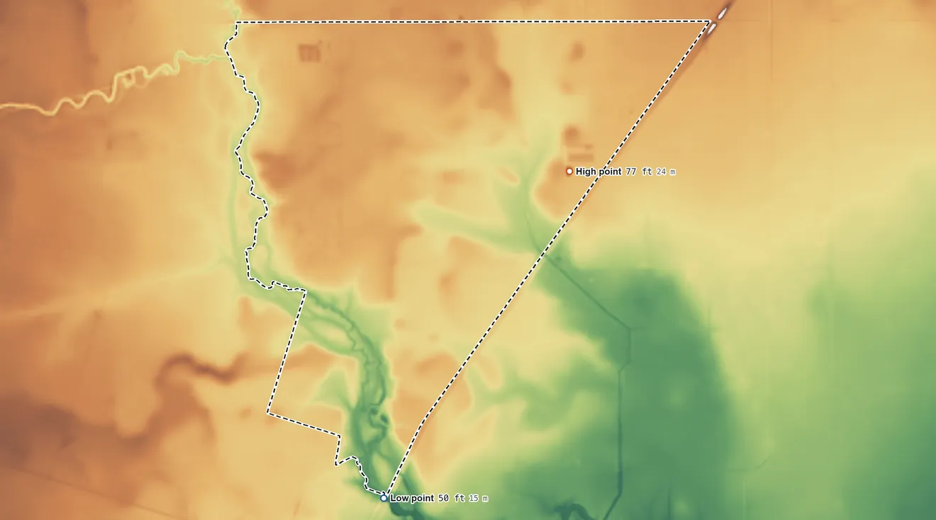 Topographic elevation map of La Paloma-Lost Creek, Texas, shaded from 50 ft on the south side to 77 ft on the east side