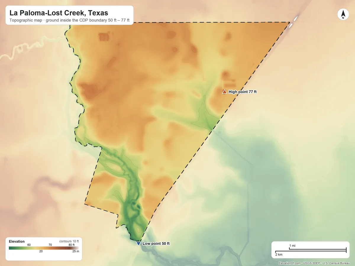 Topographic elevation map of La Paloma-Lost Creek, Texas, shaded from 50 ft on the south side to 77 ft on the east side