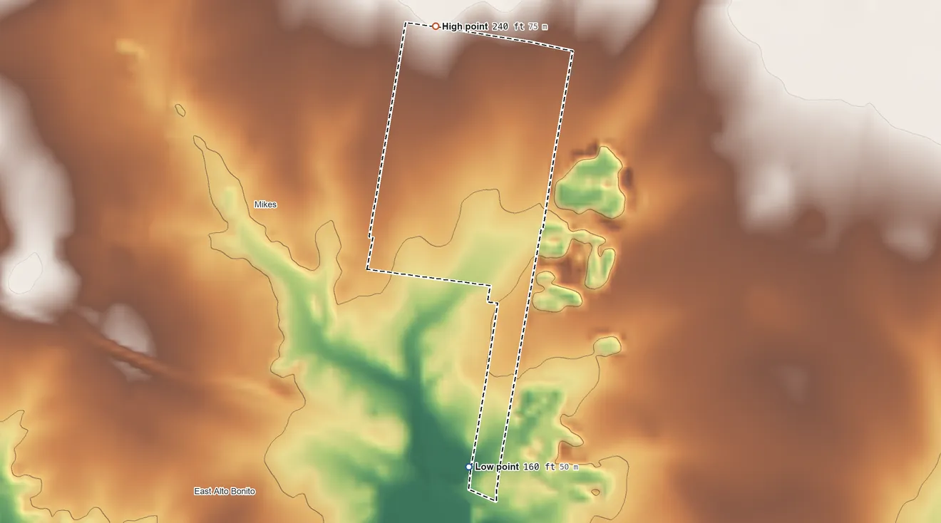 Topographic elevation map of La Paloma Ranchettes, Texas, shaded from 160 ft on the south side to 240 ft on the north side