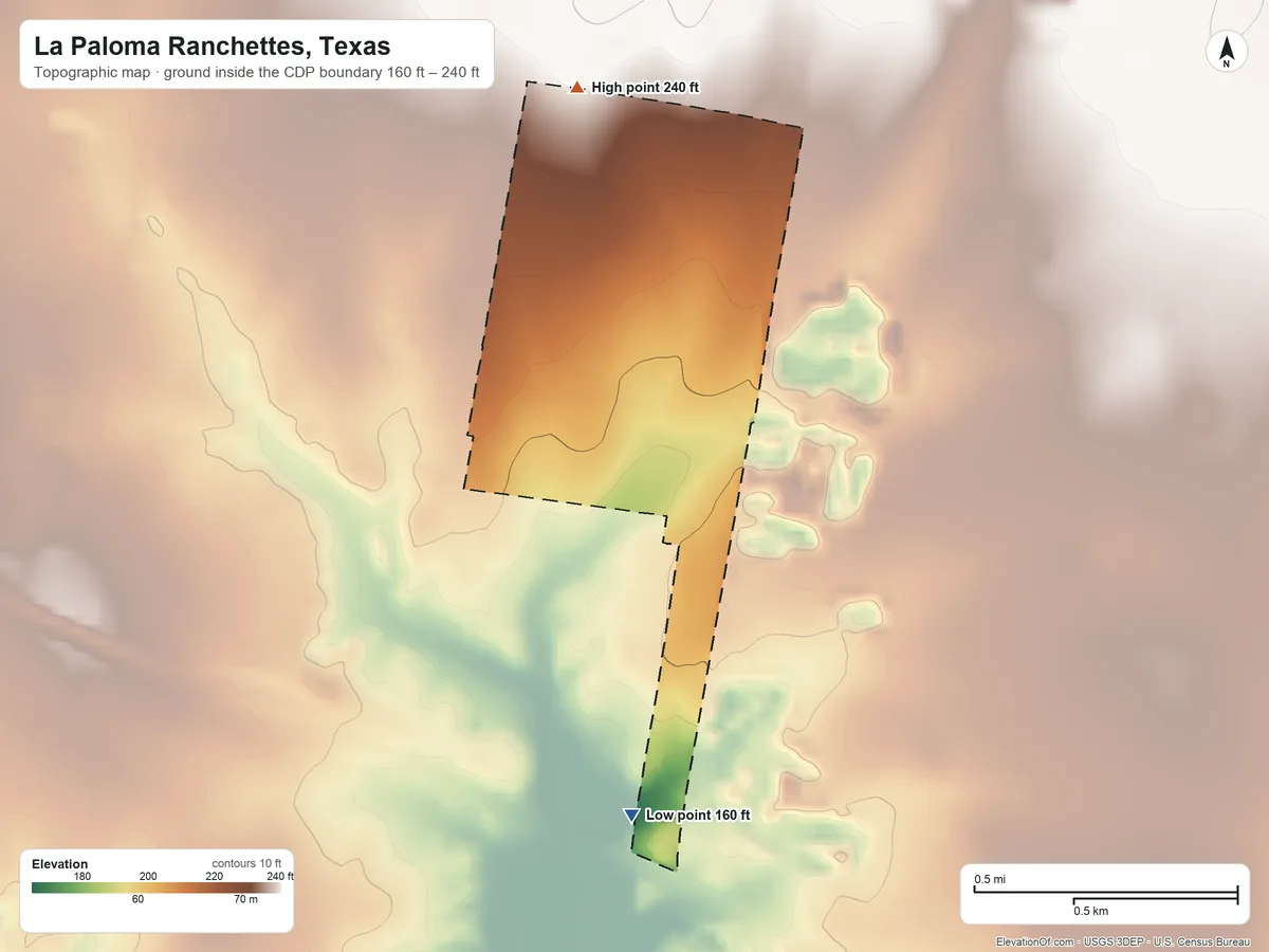 Topographic elevation map of La Paloma Ranchettes, Texas, shaded from 160 ft on the south side to 240 ft on the north side