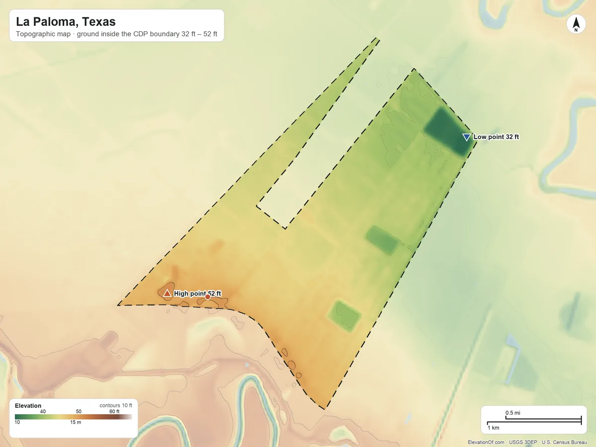 Topographic elevation map of La Paloma, Texas, shaded from 32 ft on the northeast side to 52 ft near the middle