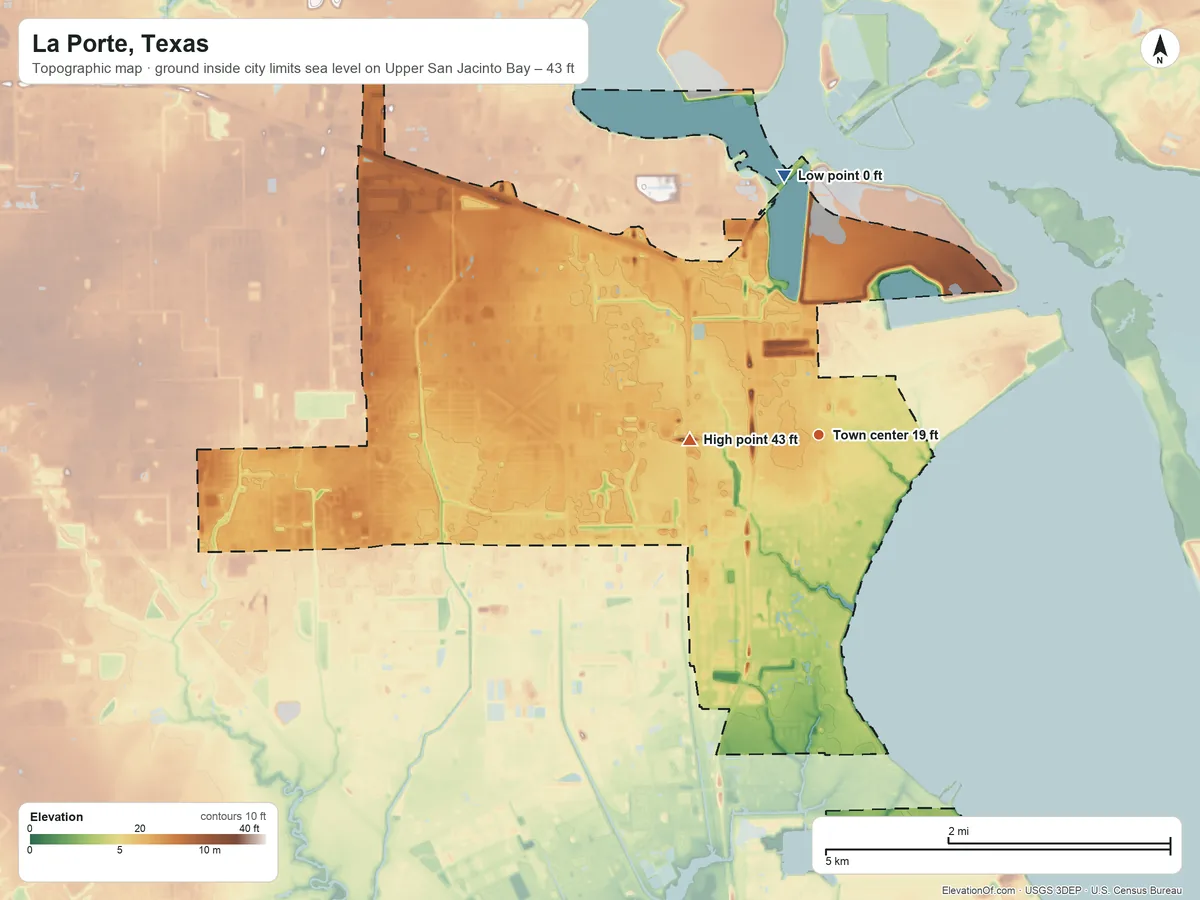 Topographic elevation map of La Porte, Texas, shaded from sea level level on Upper San Jacinto Bay to 43 ft on the west side