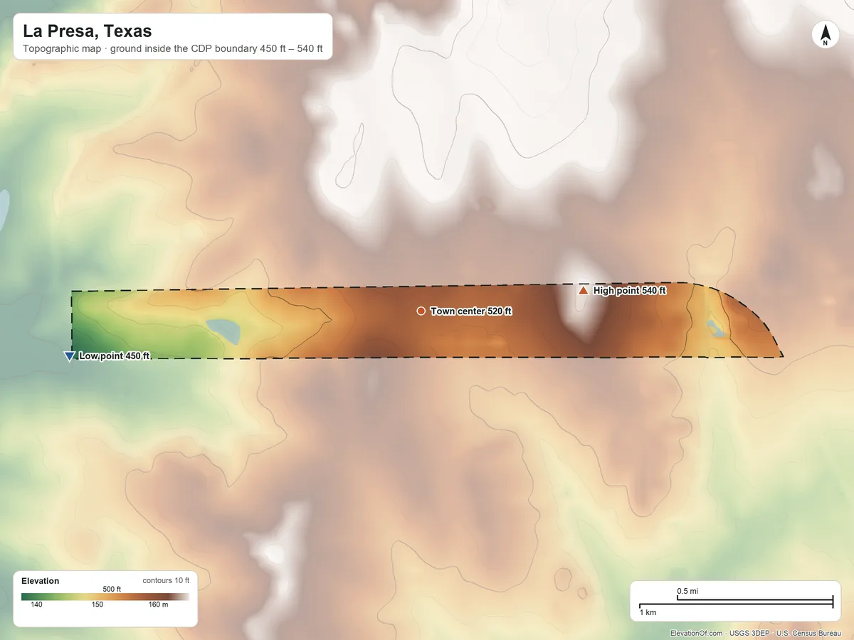 Topographic elevation map of La Presa, Texas, shaded from 450 ft on the west side to 540 ft on the east side