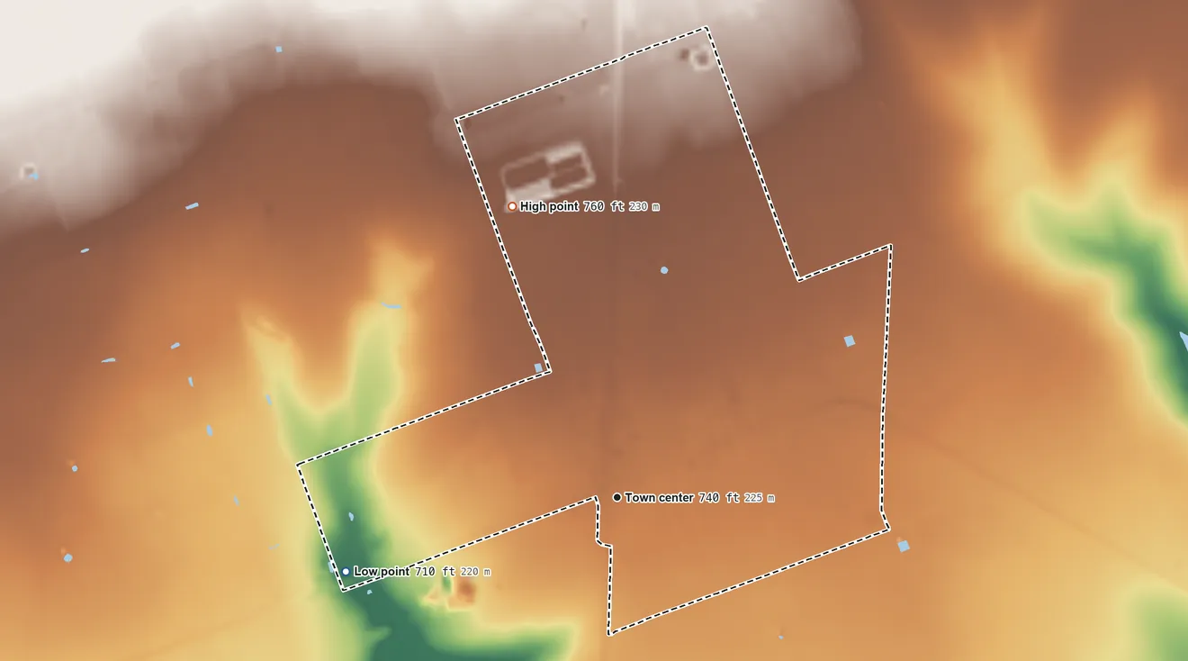 Topographic elevation map of La Pryor, Texas, shaded from 710 ft on the west side to 760 ft on the north side