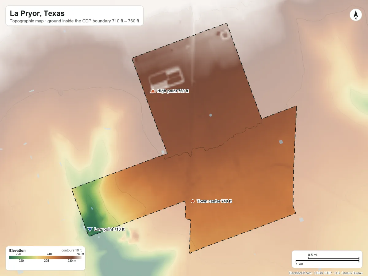 Topographic elevation map of La Pryor, Texas, shaded from 710 ft on the west side to 760 ft on the north side