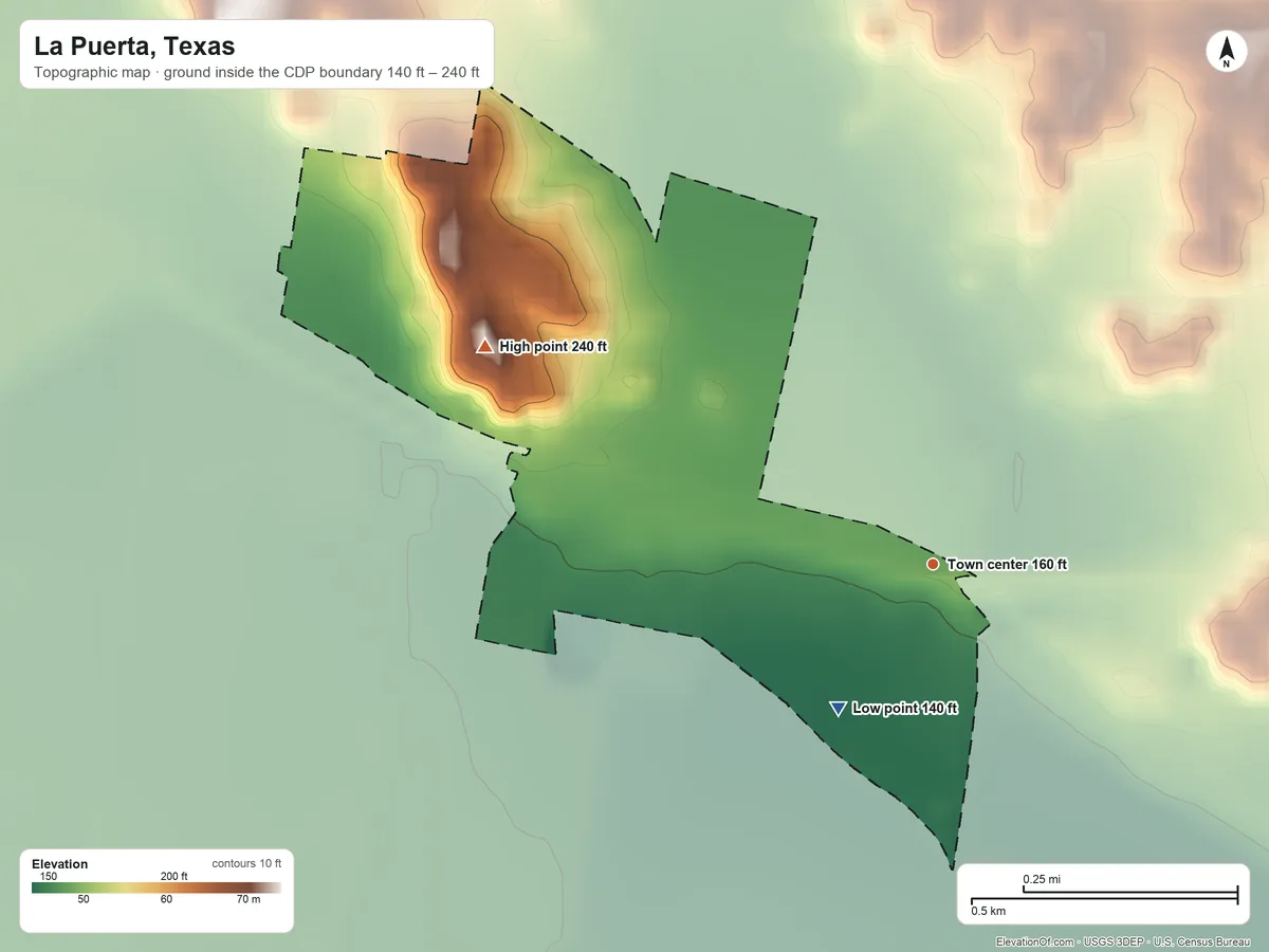 Topographic elevation map of La Puerta, Texas, shaded from 140 ft on the southwest side to 240 ft on the northwest side