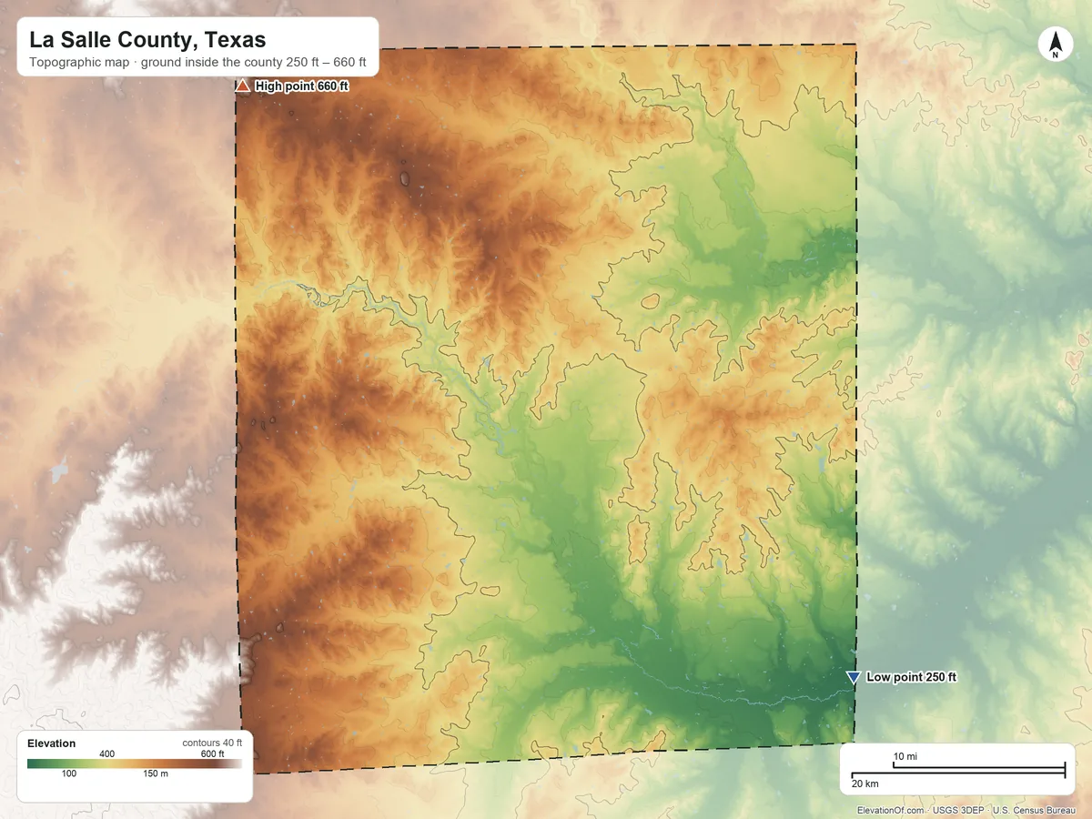 Topographic elevation map of La Salle County, Texas, shaded from 250 ft on the southeast side to 660 ft on the northwest side
