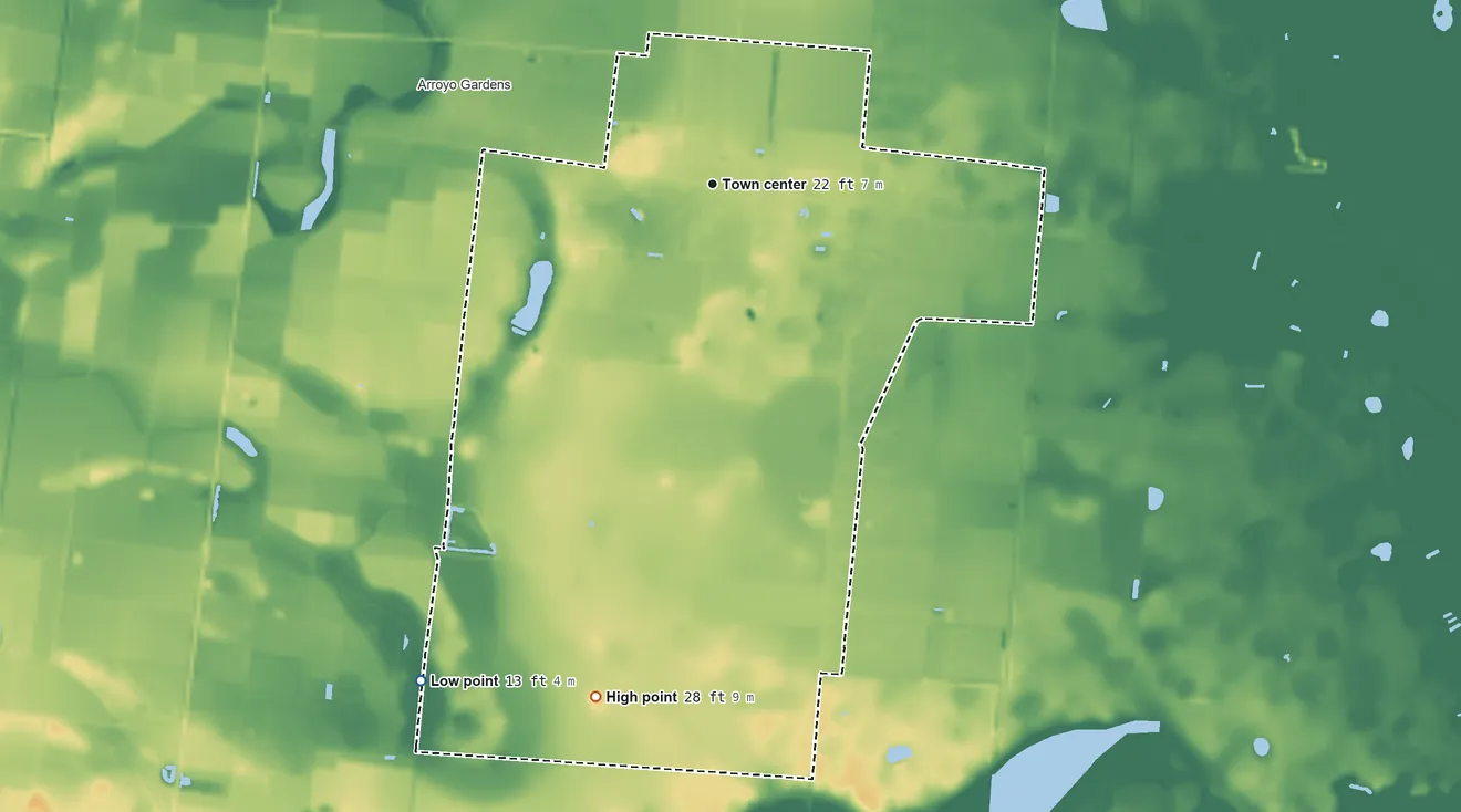 Topographic elevation map of La Tina Ranch, Texas, shaded from 13 ft on the southwest side to 28 ft on the south side