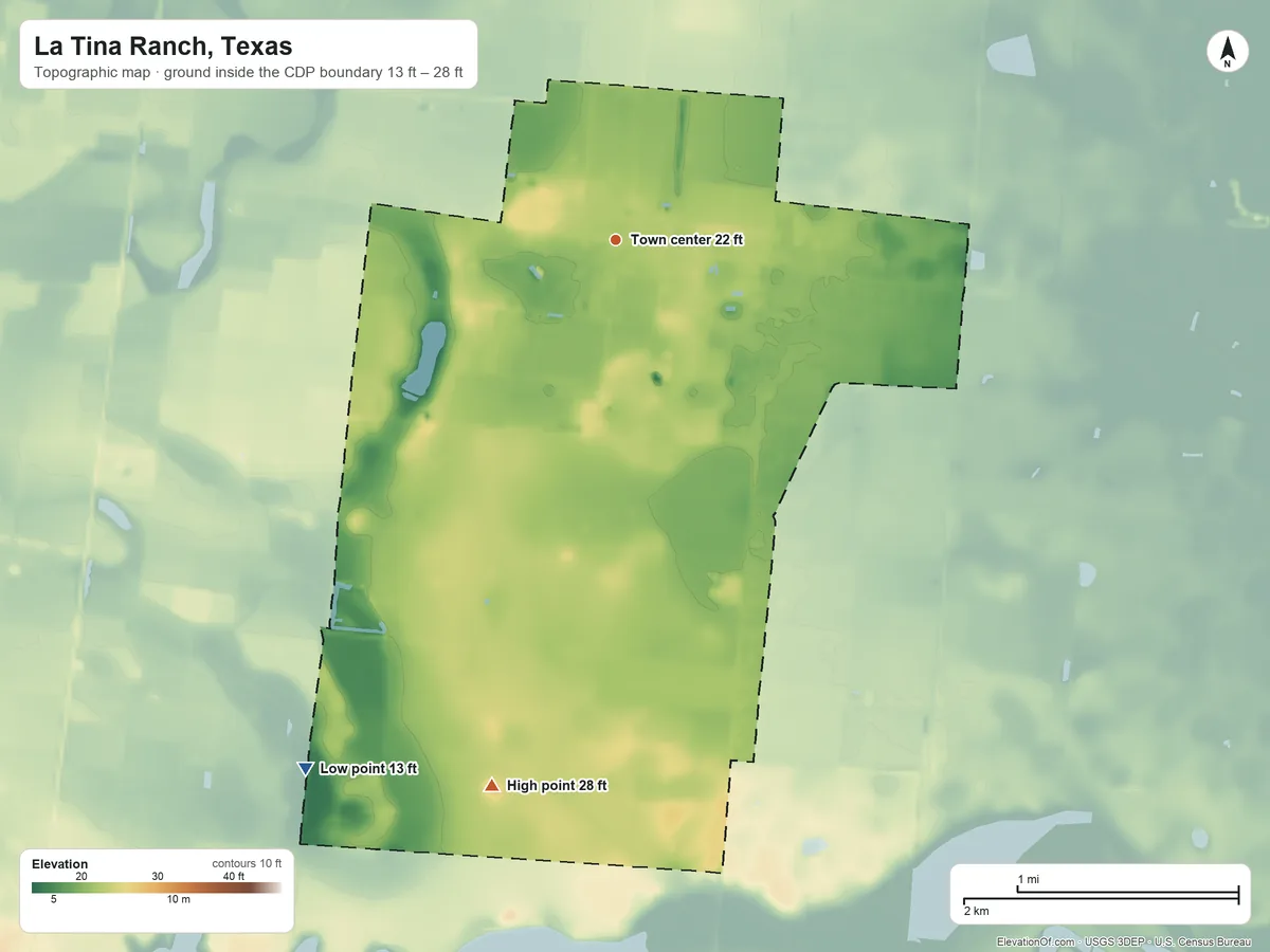 Topographic elevation map of La Tina Ranch, Texas, shaded from 13 ft on the southwest side to 28 ft on the south side