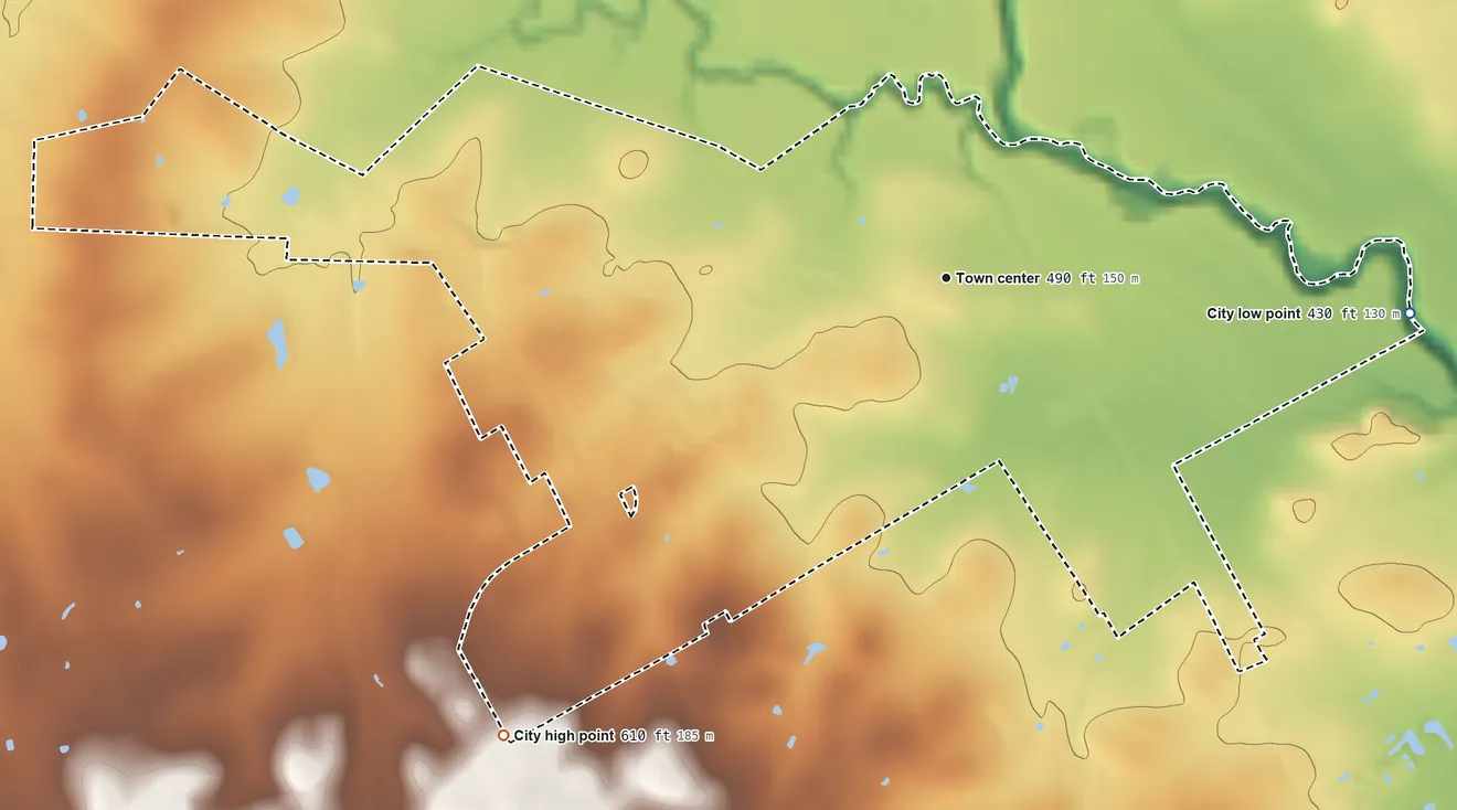 Topographic elevation map of La Vernia, Texas, shaded from 430 ft on the east side to 610 ft on the southwest side