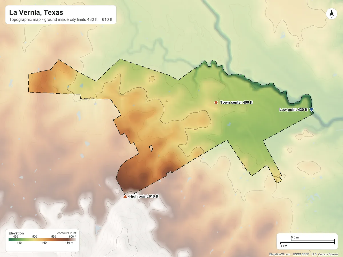 Topographic elevation map of La Vernia, Texas, shaded from 430 ft on the east side to 610 ft on the southwest side