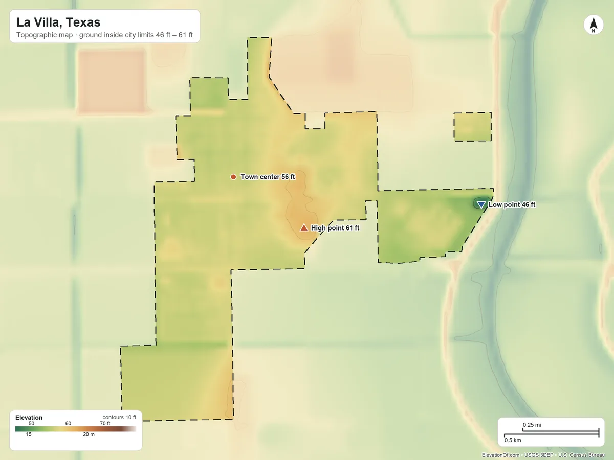 Topographic elevation map of La Villa, Texas, shaded from 46 ft on the east side to 61 ft on the southeast side
