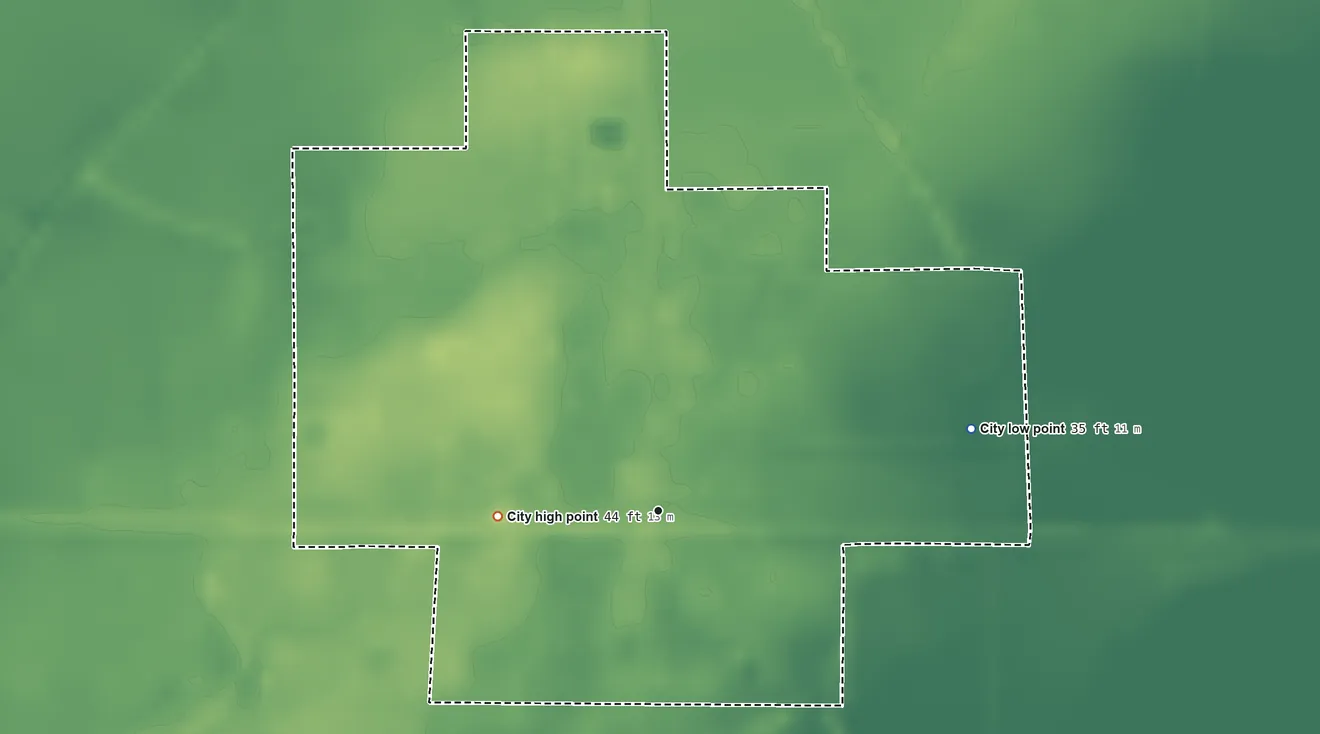 Topographic elevation map of La Ward, Texas, shaded from 35 ft on the east side to 44 ft on the west side
