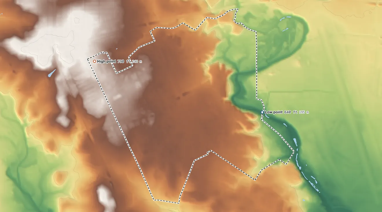 Topographic elevation map of Lackland AFB, Texas, shaded from 640 ft on the east side to 790 ft on the west side