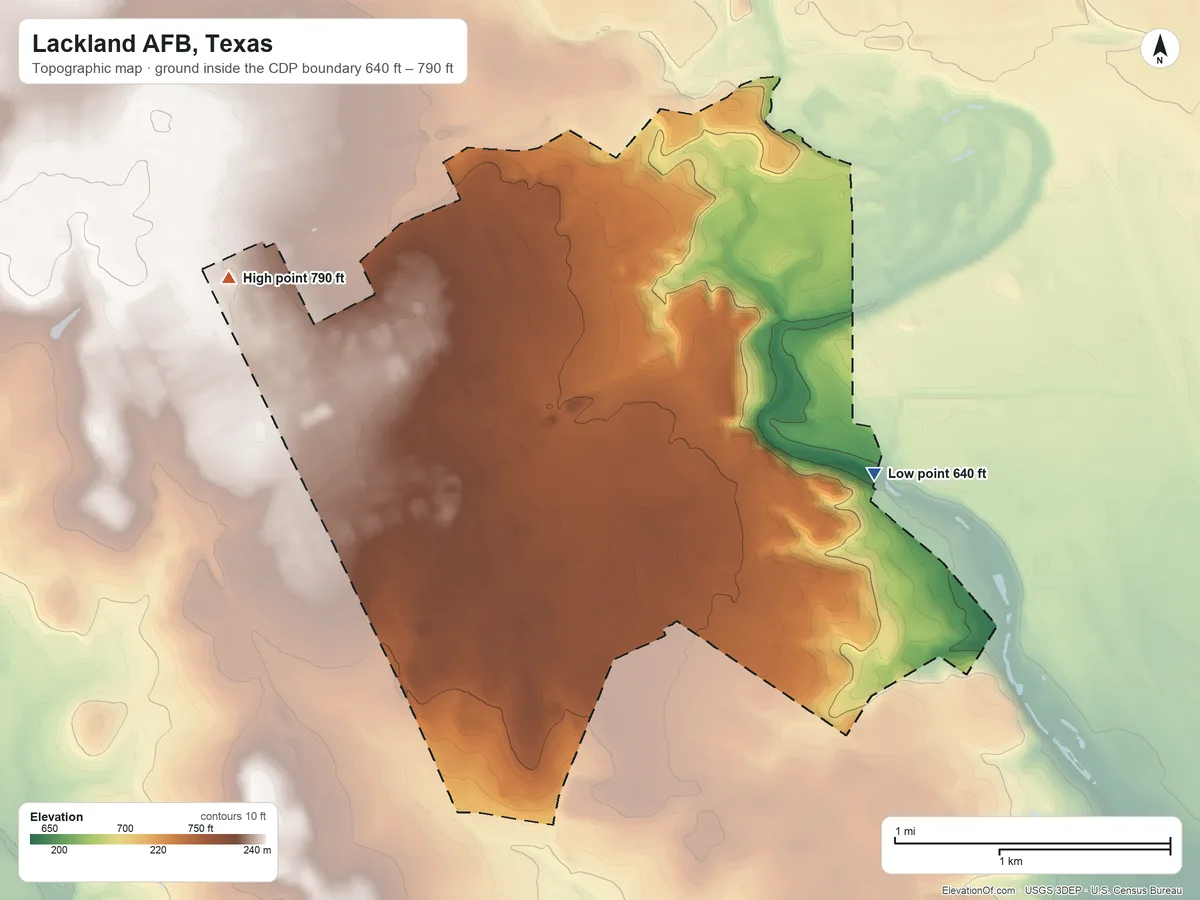 Topographic elevation map of Lackland AFB, Texas, shaded from 640 ft on the east side to 790 ft on the west side