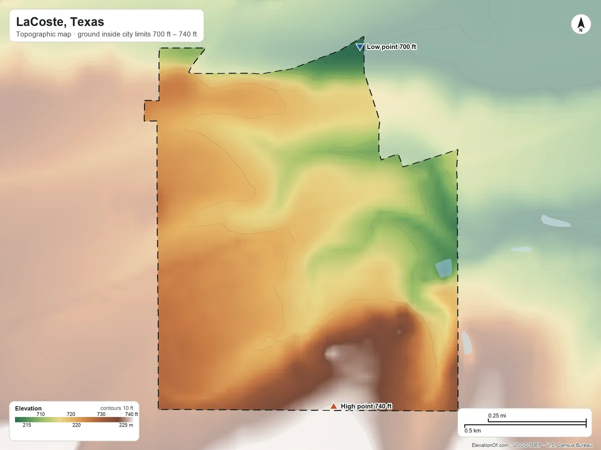 Topographic elevation map of LaCoste, Texas, shaded from 700 ft on the north side to 740 ft on the south side