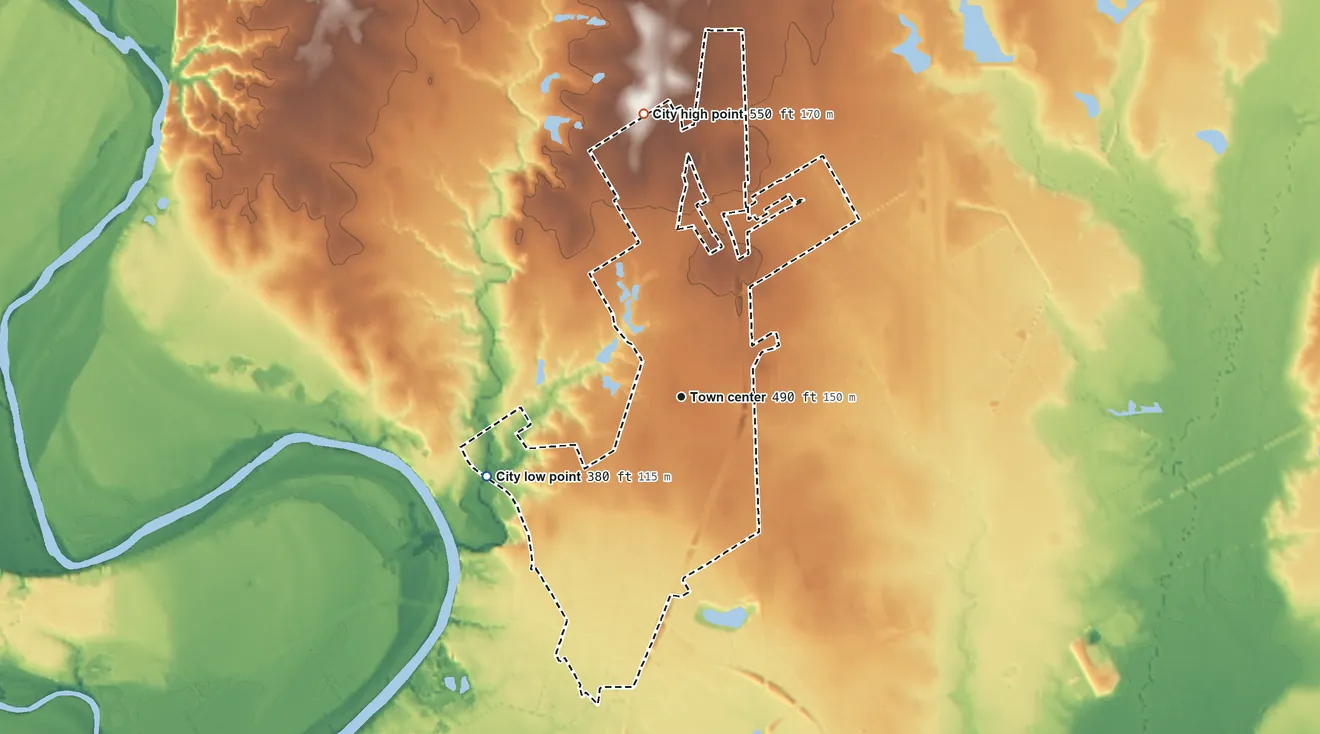Topographic elevation map of Lacy-Lakeview, Texas, shaded from 380 ft on the west side to 550 ft on the north side