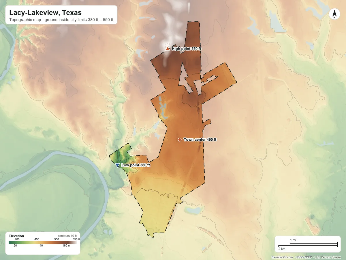 Topographic elevation map of Lacy-Lakeview, Texas, shaded from 380 ft on the west side to 550 ft on the north side