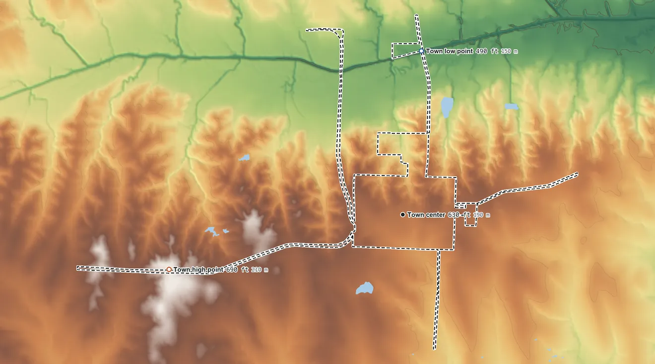 Topographic elevation map of Ladonia, Texas, shaded from 490 ft on the north side to 690 ft on the west side